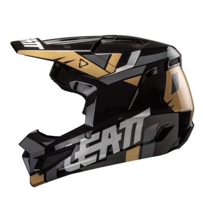 Capacete integral preto e dourado com visor e ventilação, marca LEATT