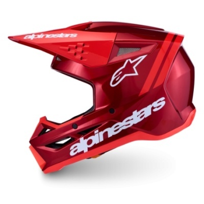 Capacete todo-o-terreno vermelho com marcas brancas alpinestars e viseira