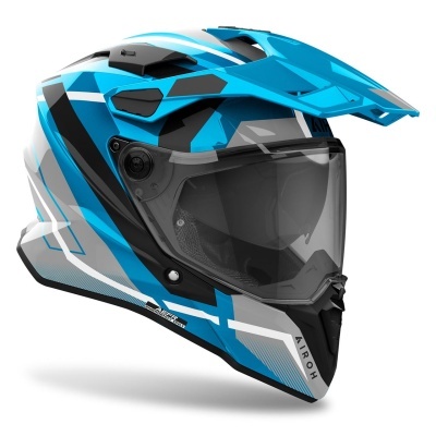 Capacete integral azul com detalhes em branco e preto e visor transparente