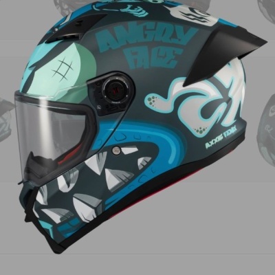 Capacete integral motociclista com design gráfico azul, preto e branco e visor transparente