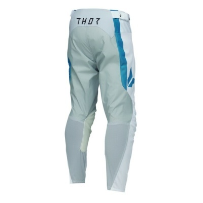 Calças técnicas brancas e azuis com o texto THOR na parte de trás