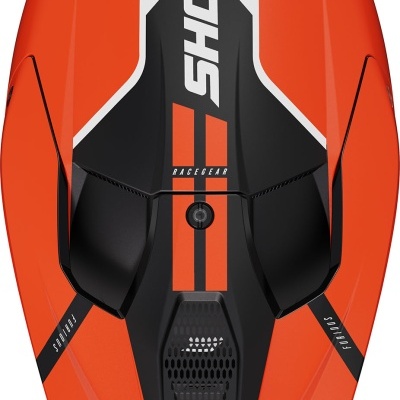 Capacete moto em laranja, preto e branco com texto 'SHOT' e 'RACE GEAR'