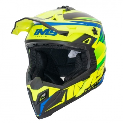 Capacete integral motocross amarelo e azul com letras IMS Racing