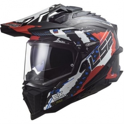 Capacete para motociclismo preto, vermelho, branco e azul com viseira