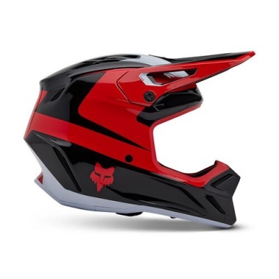 Capacete integral de motocross vermelho, preto e branco com logótipo Fox