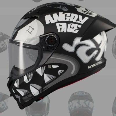 Capacete de motociclista preto com detalhes brancos e visor transparente