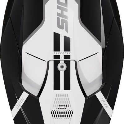 Capacete preto e branco com texto SHOT RACE GEAR e número 5