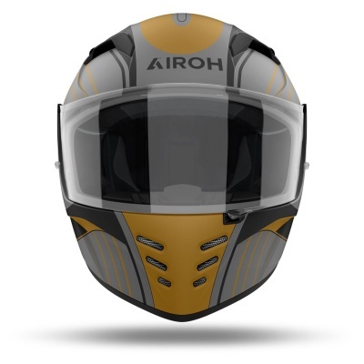Capacete integral de motocicleta cinzento e amarelo com viseira transparente e marca AIROH