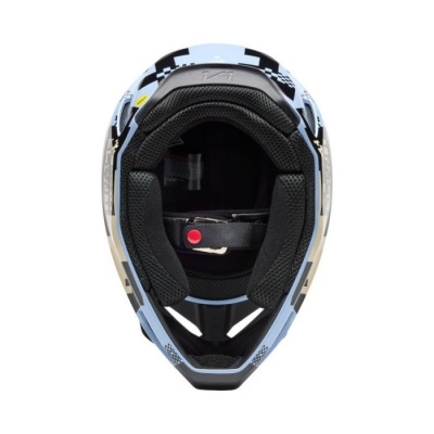 Capacete motocross azul claro, preto e branco visto de cima