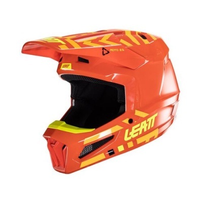 Capacete de motocross laranja com detalhes amarelos e texto LEATT