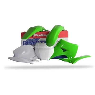 Peças plásticas verdes e brancas para mota com caixa POLISPORT ao fundo