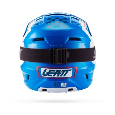 Capacete motocross azul e branco com faixa preta e marca LEATT