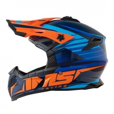 Capacete integral azul, preto e laranja com texto 'MSR racing'