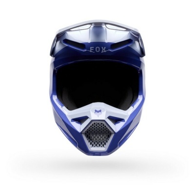 Capacete integral azul e branco para motocross com texto EOX na frente