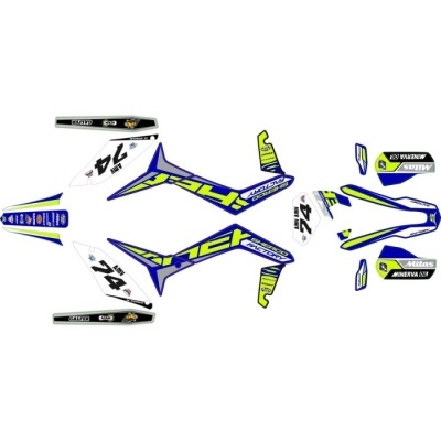 Adesivos para mota vinil azul amarelo preto branco com textos e padrões geométricos
