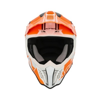 Capacete de motocross laranja, branco e preto com marca ACERBIS