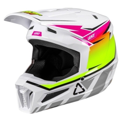 Capacete integral branco com detalhes rosa, verde e preto