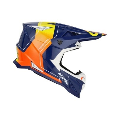 Capacete de motocross azul, amarelo, laranja e branco com texto 'ACERBIS RACE ON' e 'SPEED GRAPHICS'