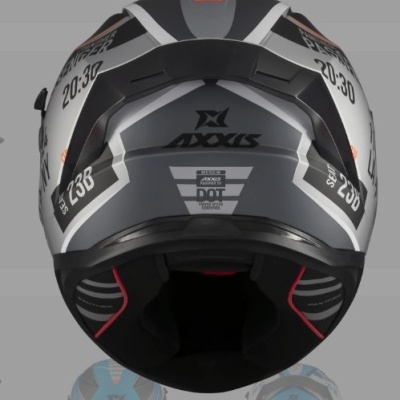 Capacete de mota AXXIS preto e cinza visto de trás com detalhes vermelhos