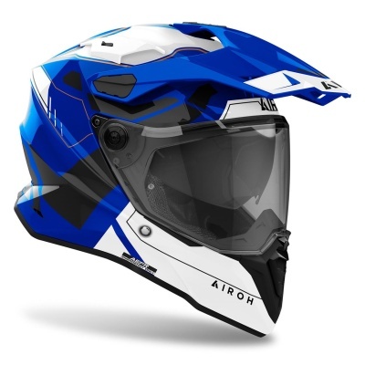Capacete integral motocross azul, branco e preto da AIROH