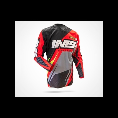 Camisola vermelha, preta e cinza de motocross mangas compridas com texto IMS RACING