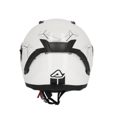 Capacete de motociclista branco com detalhes pretos visto de trás