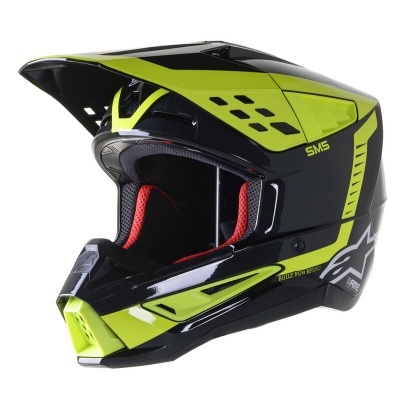 Capacete integral motocross preto e verde fluorescente com interior acolchoado vermelho