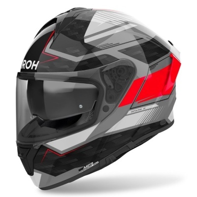Capacete de motociclista preto, cinzento, branco e vermelho com viseira escura
