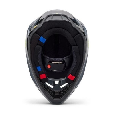 Capacete de mota integral cinzento com interior preto e detalhes coloridos