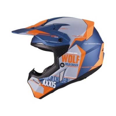 Capacete de motocross azul, laranja e cinzento com marcas e texto visível