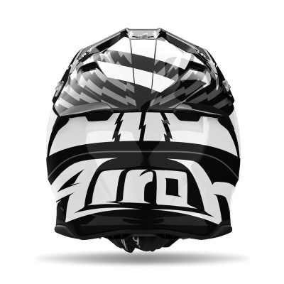 Capacete integral para motocross preto e branco com design gráfico e logótipo Airoh