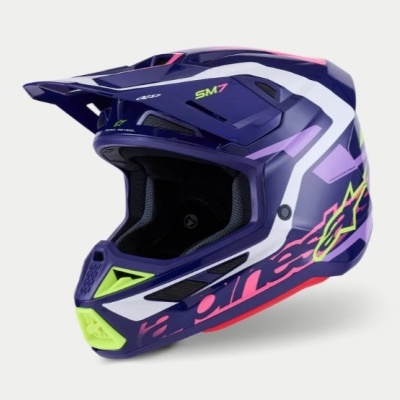 Capacete integral para motocross roxo com detalhes coloridos e texto SM7