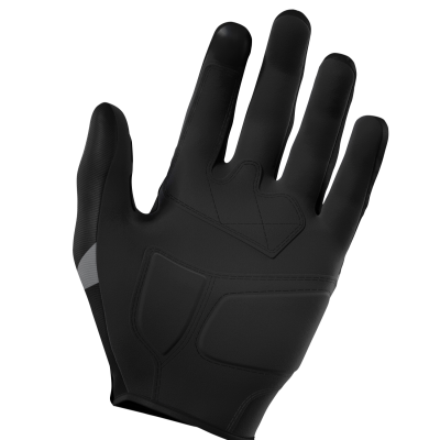 Luva preta com detalhes cinzentos, vista da palma da mão