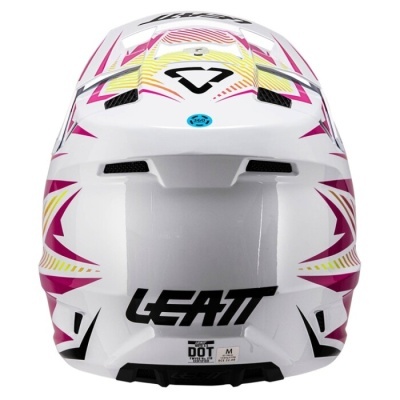 Capacete branco com detalhes rosa e amarelo e inscrição LEATT