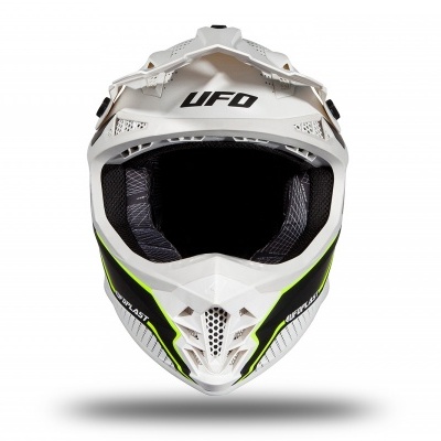 Capacete de motocross branco com detalhes preto e verde, marca UFO