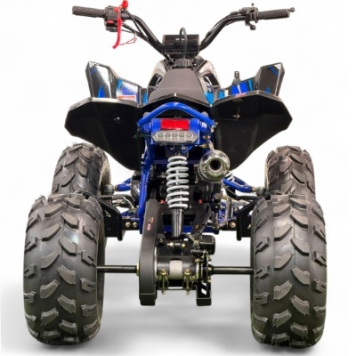 Quadriciclo todo-o-terreno azul e preto visto de trás, com pneus largos e suspensão visível.