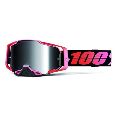 Óculos de proteção rosa com lente espelhada e correia preta com texto 100%.