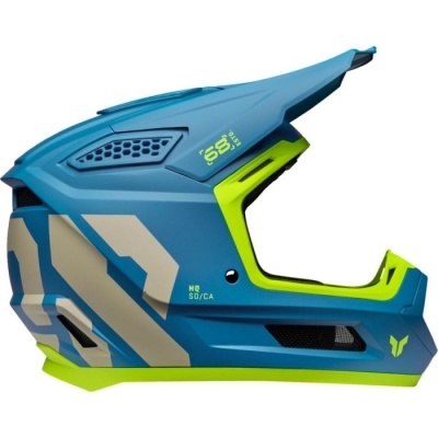 Capacete integral azul com detalhes amarelo néon e cinza