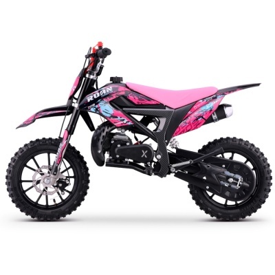 Motocross infantil preto e rosa com pneus largos e grafismos coloridos