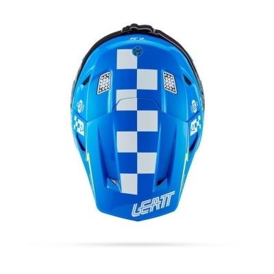 Capacete azul quadriculado branco para motocross com texto LEATT e ventilação lateral