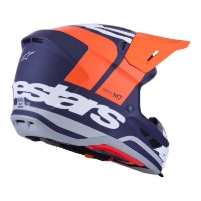 Capacete integral azul escuro com detalhes em laranja e branco e texto alpinestars