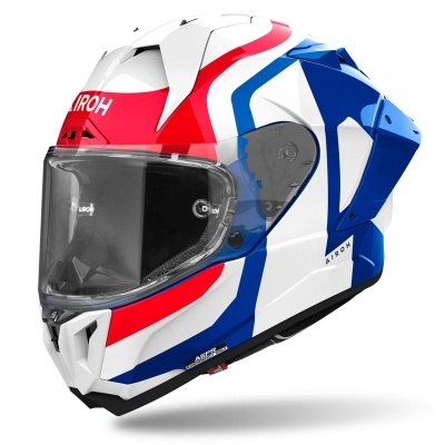 Capacete integral branco, azul e vermelho com viseira transparente