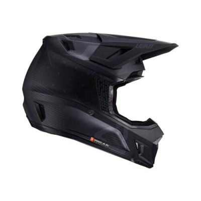 Capacete de motocross integral preto com detalhes e texto LEATT e EXTREME DUAL