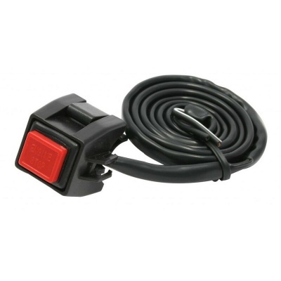 Interruptor de botão vermelho 'ENGINE STOP' com cabo preto enrolado