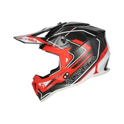 Capacete integral motocross preto, vermelho e branco com texto ACERBIS