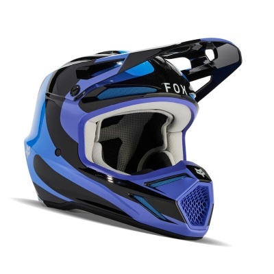 Capacete de motocross azul e preto com viseira e acolchoamento interno cinza