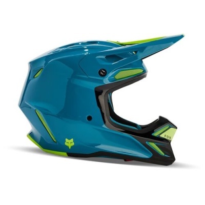 Capacete integral azul brilhante com detalhes em verde lima e preto da FOX