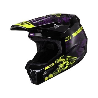 Capacete integral motocross preto amarelo roxo com texto LEATT