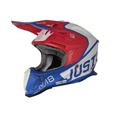 Capacete integral motocross vermelho branco azul com texto JUST 018