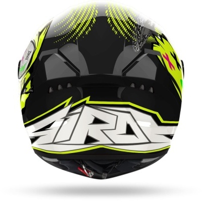 Capacete integral preto com detalhes amarelos fluorescentes e branco com a palavra AIROH